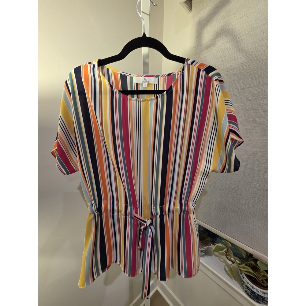 M By Marled M Short Sleeve Gathered Waist Top Rainbow Striped Polyester